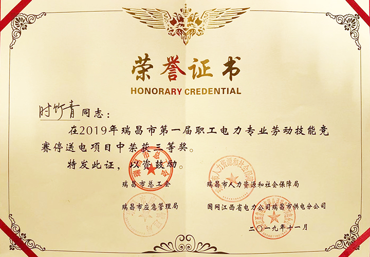 電力專業(yè)勞動(dòng)技能競(jìng)賽“個(gè)人三等獎(jiǎng)”（江西亞東）