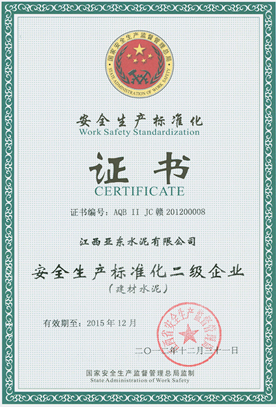 安全生產(chǎn)標(biāo)準(zhǔn)化二級(jí)企業(yè)（江西亞東）